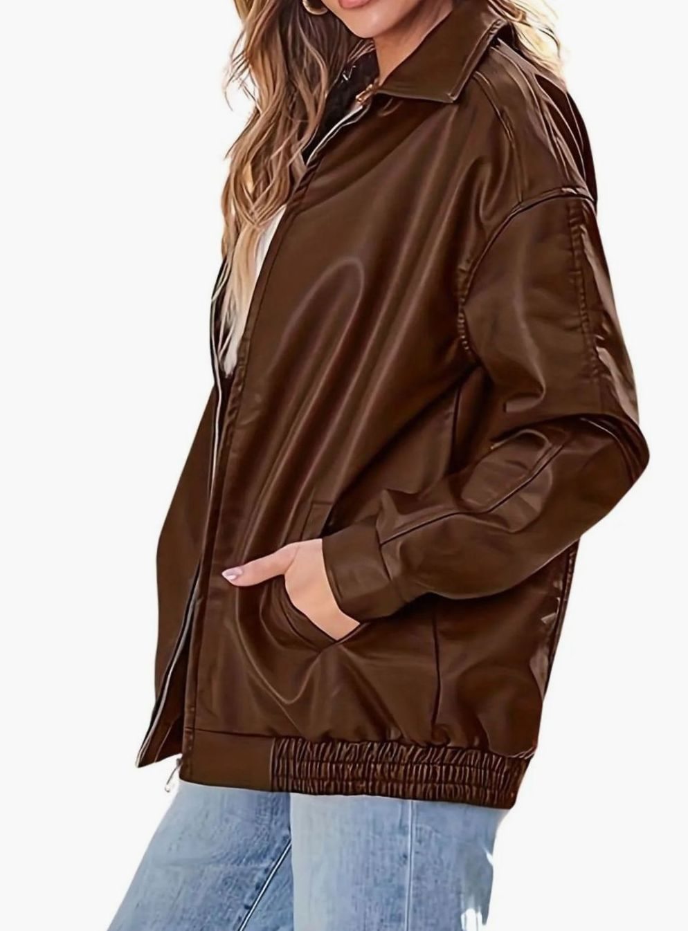 Women's Zip Front Faux Leather Bomber Style Jacket