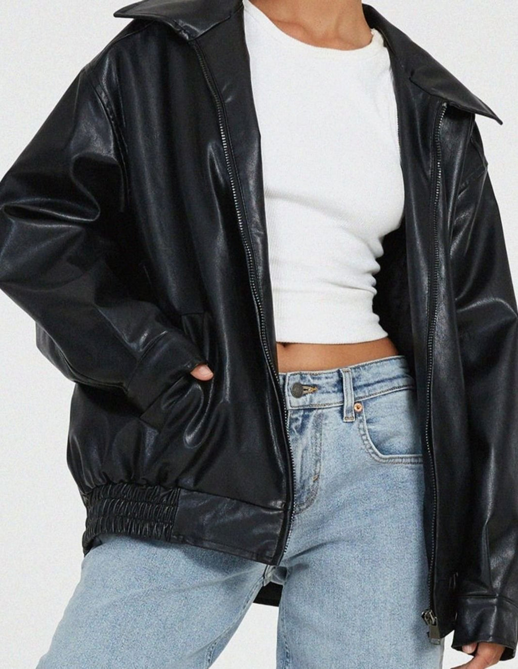 Women's Relaxed Faux Leather Bomber with Dropped Shoulders
