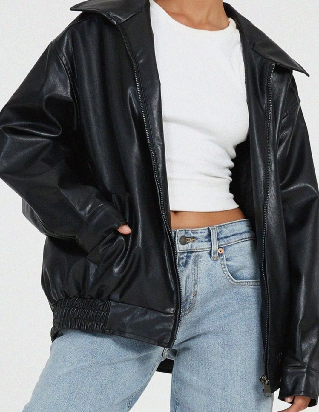 Women's Relaxed Faux Leather Bomber with Dropped Shoulders