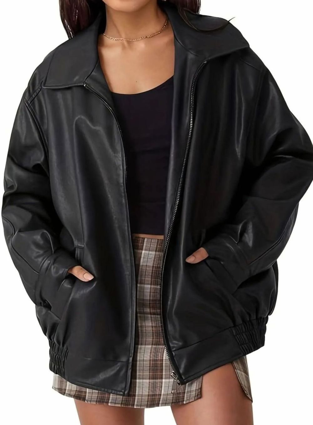 Women's Zip Front Faux Leather Bomber Style Jacket