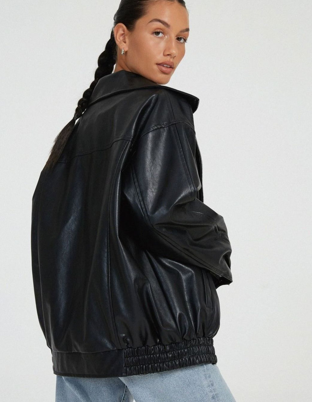 Women's Relaxed Faux Leather Bomber with Dropped Shoulders