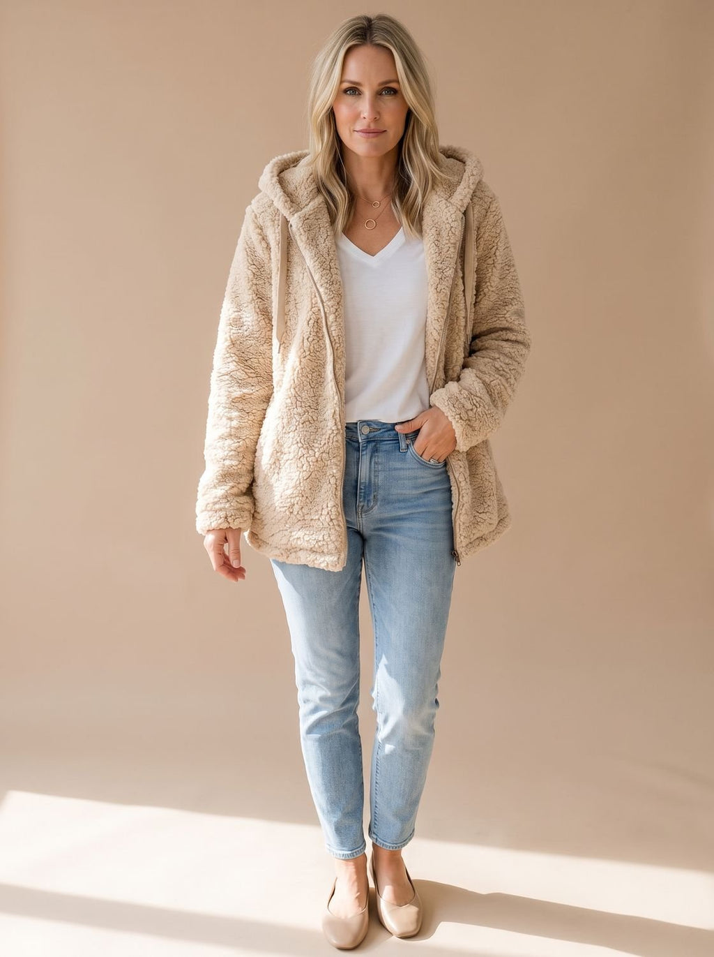 Women's Oversized Plush Teddy Hooded Zip-Front Coat