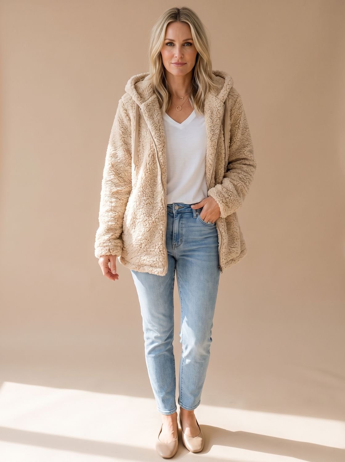 Women's Oversized Plush Teddy Hooded Zip-Front Coat