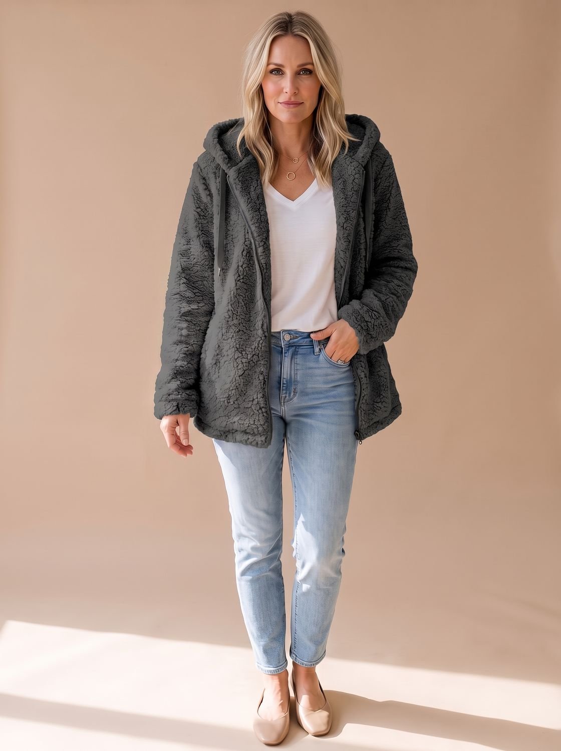 Women's Oversized Plush Teddy Hooded Zip-Front Coat