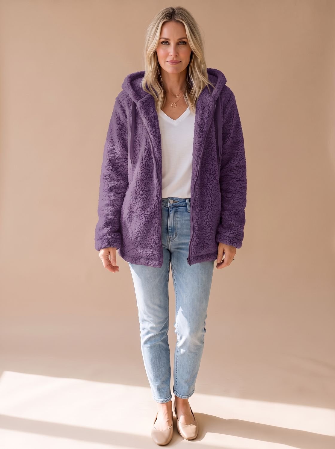 Women's Oversized Plush Teddy Hooded Zip-Front Coat