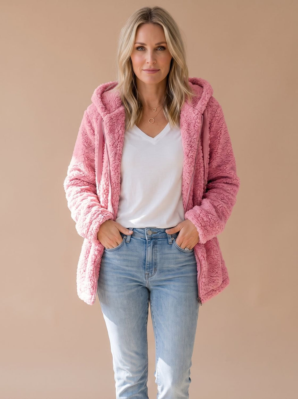 Women's Oversized Plush Teddy Hooded Zip-Front Coat