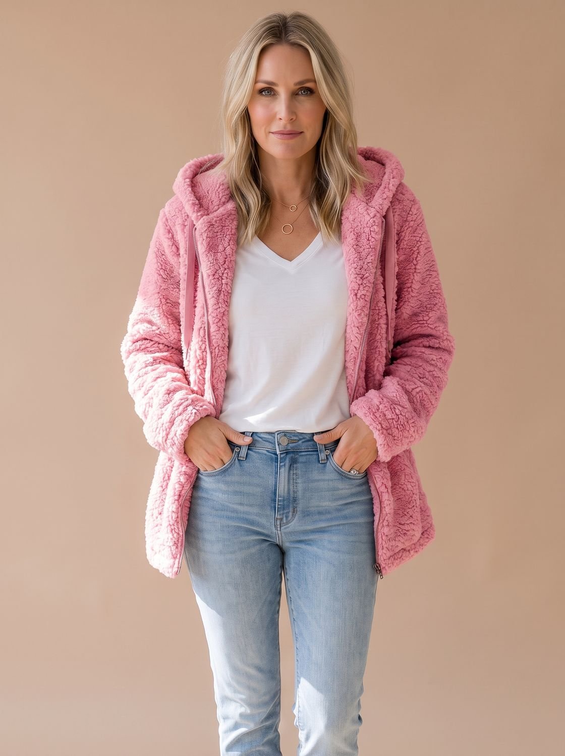 Women's Oversized Plush Teddy Hooded Zip-Front Coat