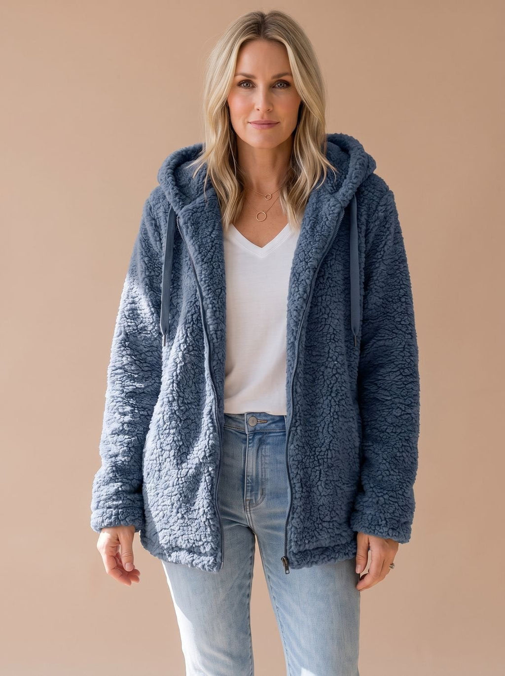 Women's Oversized Plush Teddy Hooded Zip-Front Coat