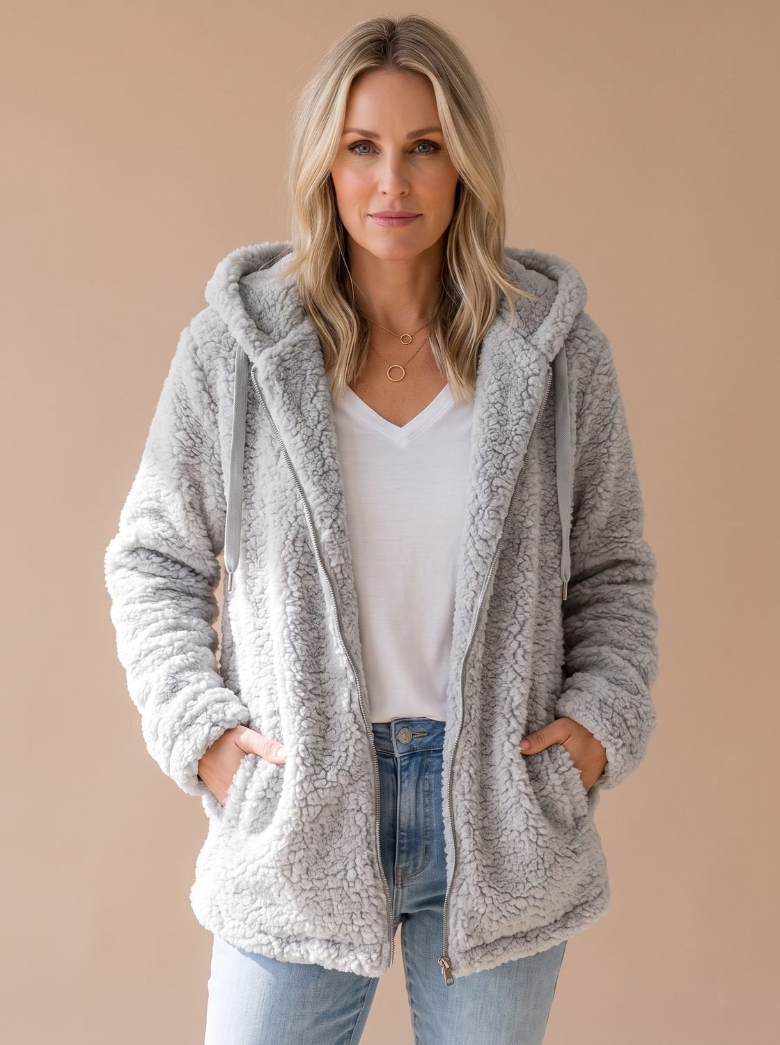 Women's Oversized Plush Teddy Hooded Zip-Front Coat