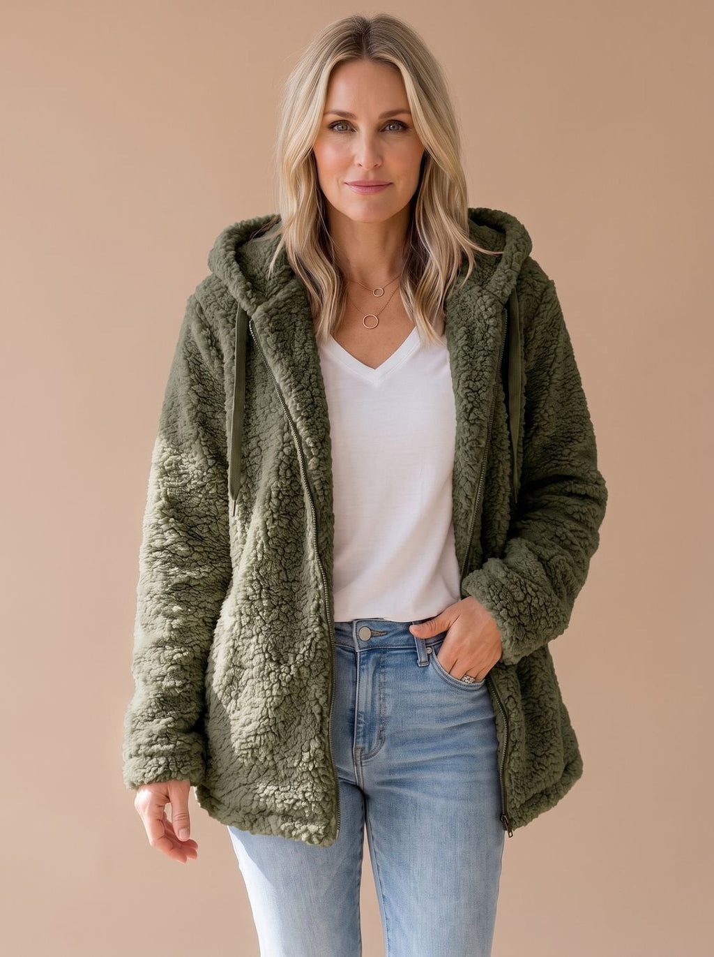 Women's Oversized Plush Teddy Hooded Zip-Front Coat
