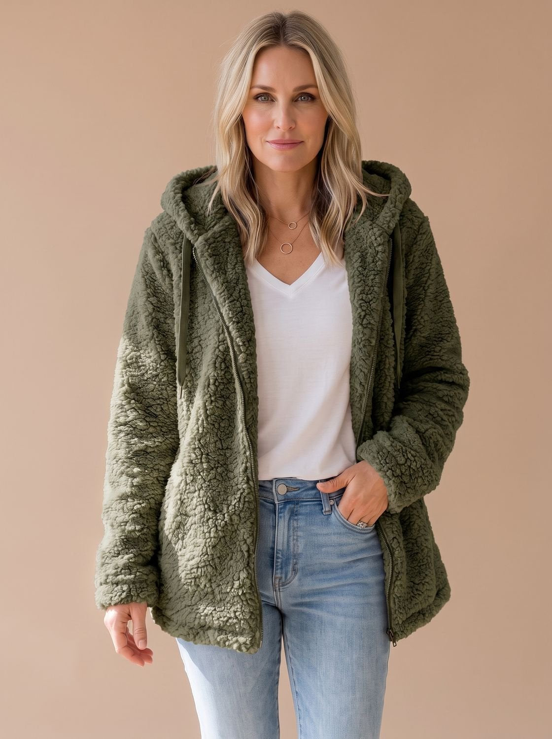 Women's Oversized Plush Teddy Hooded Zip-Front Coat