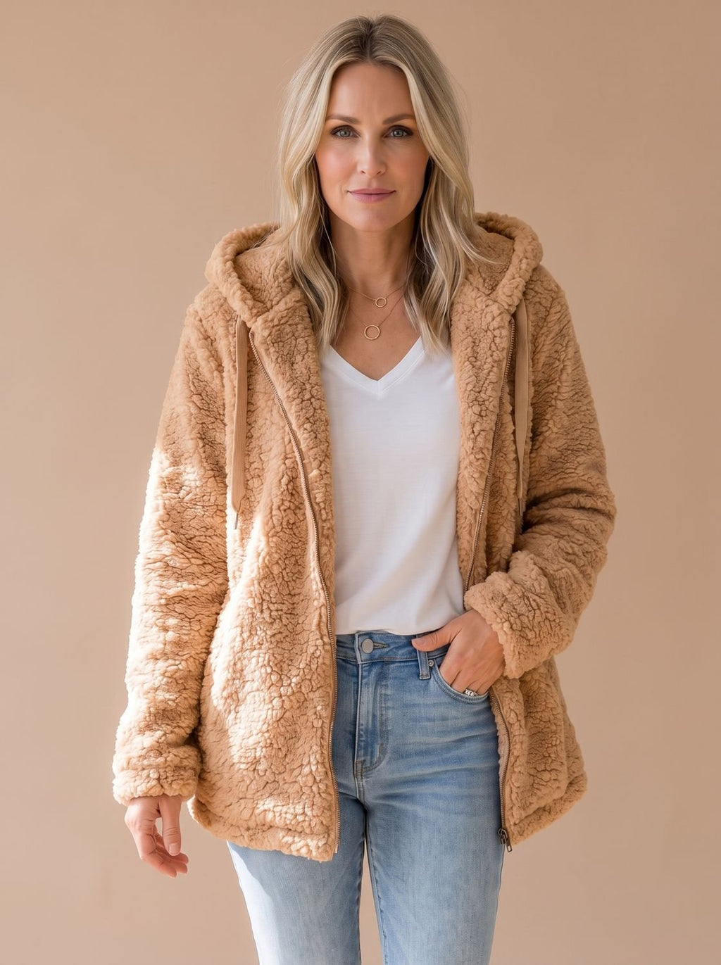 Women's Oversized Plush Teddy Hooded Zip-Front Coat
