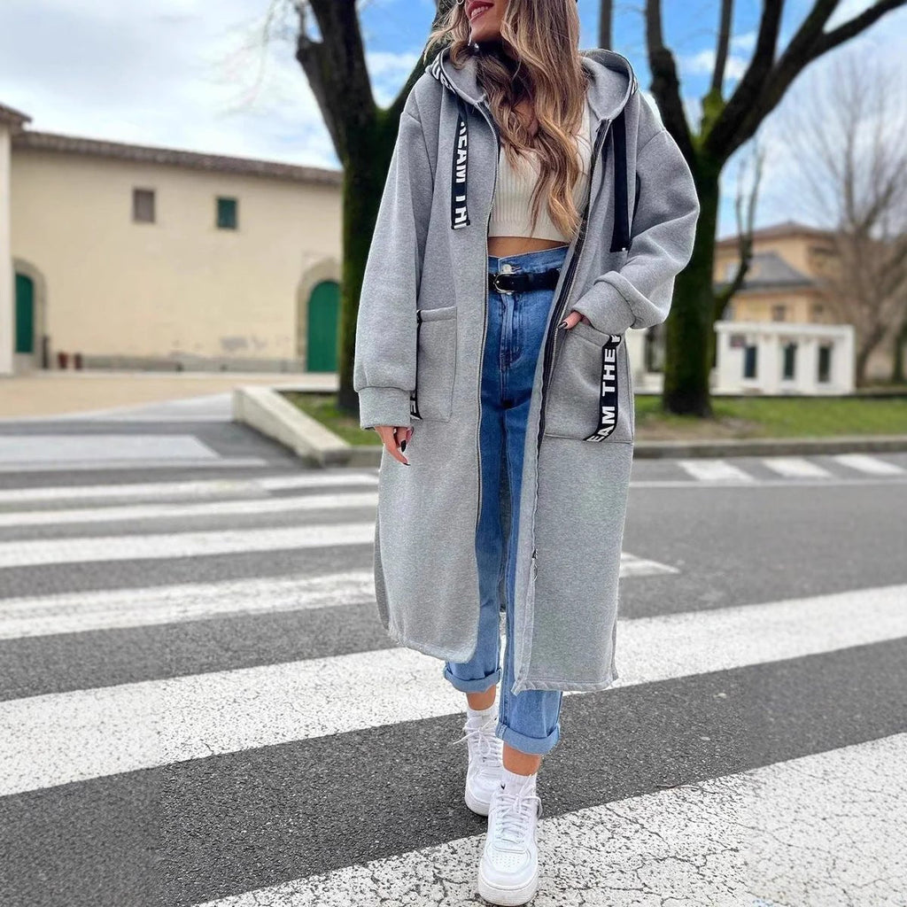 Women's Roomy Longline Zip-Front Coat with Hood