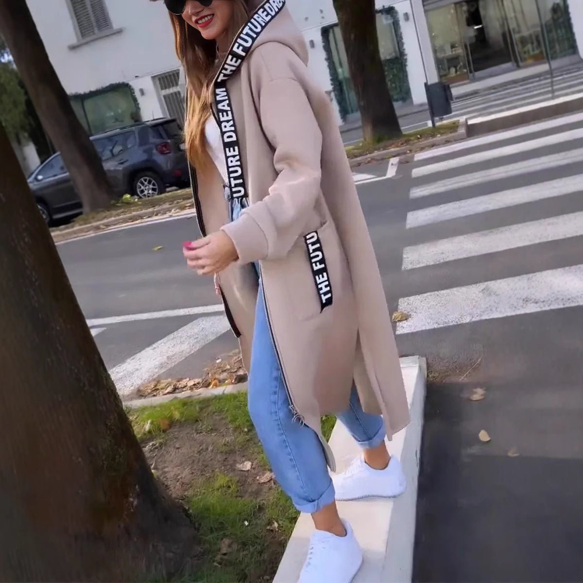 Women's Roomy Longline Zip-Front Coat with Hood
