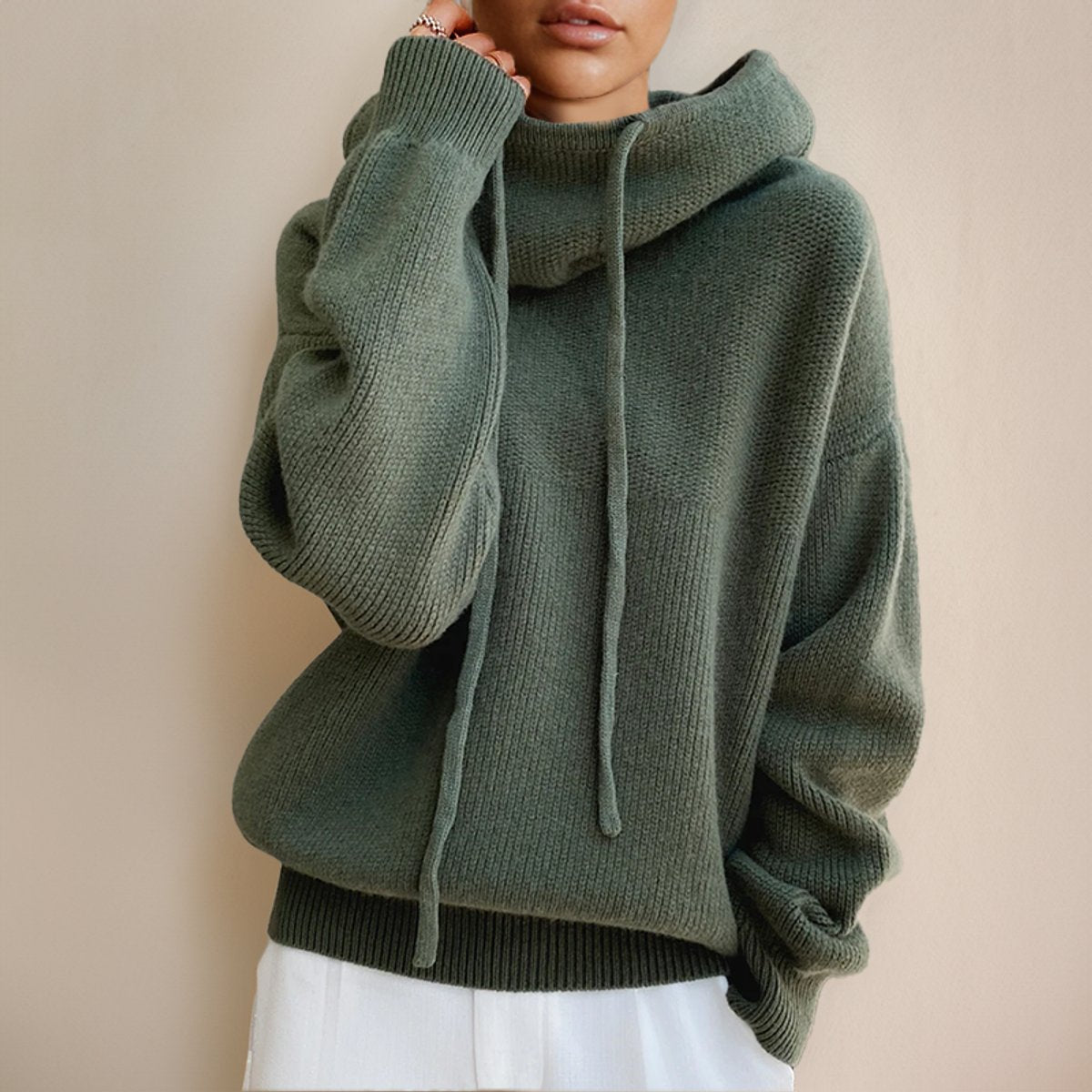 Women's Drawstring Hood Roomy Merino Turtleneck Sweater