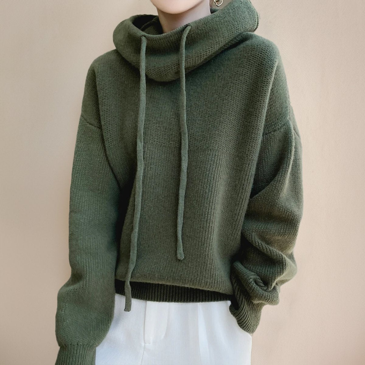 Women's Drawstring Hood Roomy Merino Turtleneck Sweater
