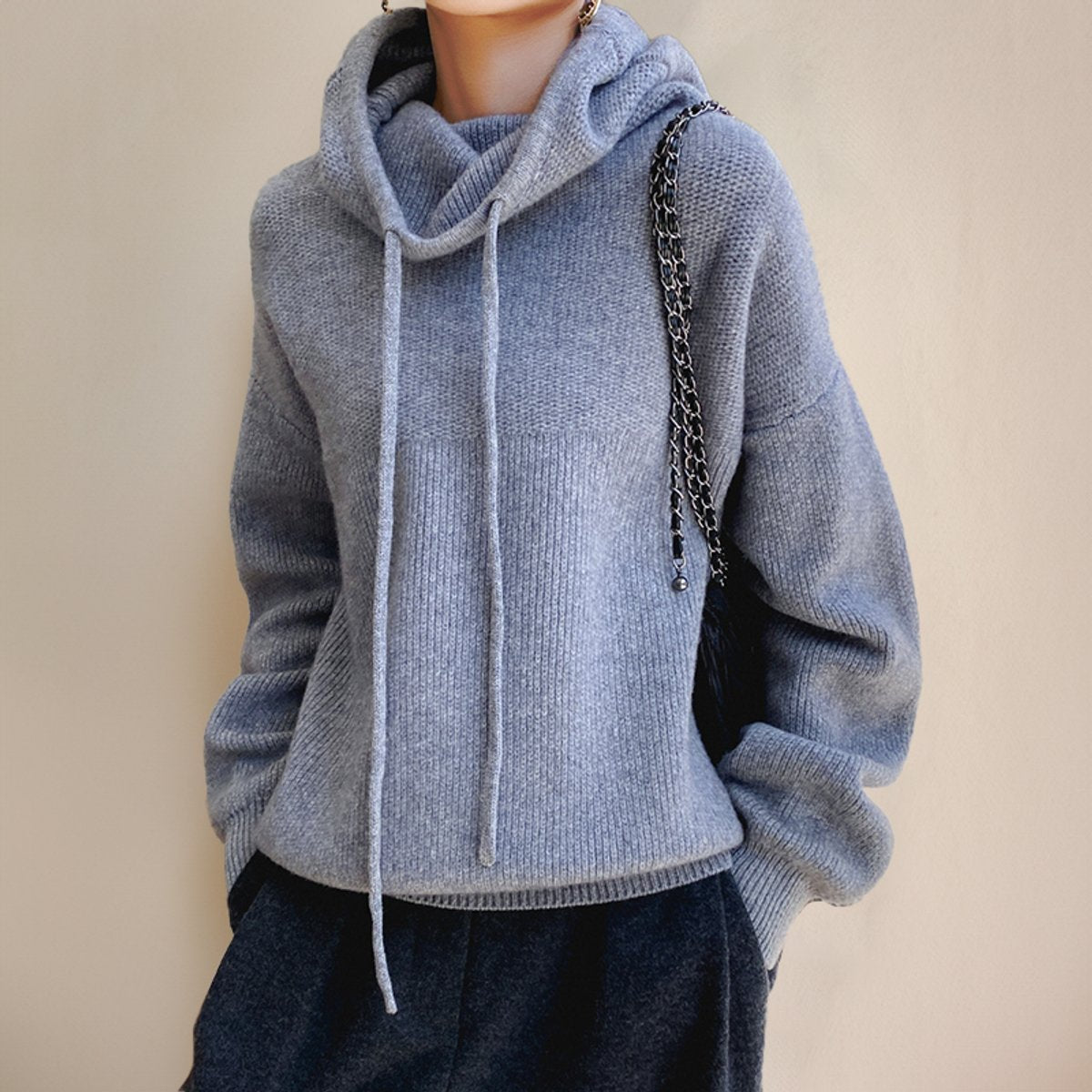 Women's Drawstring Hood Roomy Merino Turtleneck Sweater