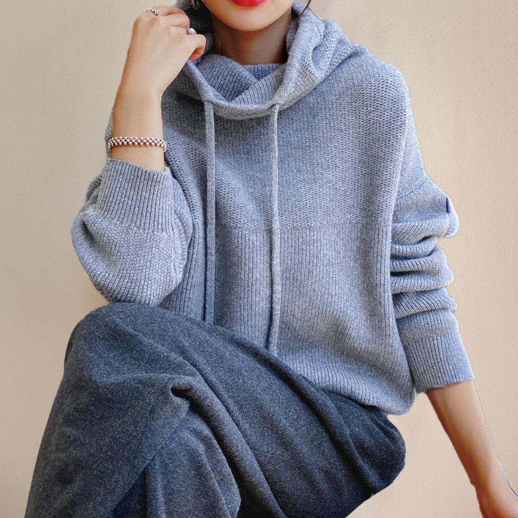Women's Drawstring Hood Roomy Merino Turtleneck Sweater