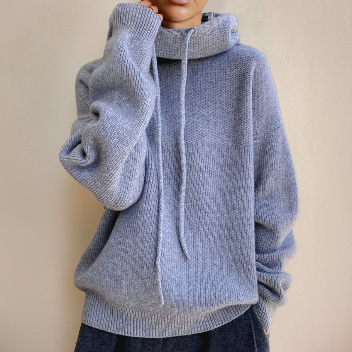 Women's Drawstring Hood Roomy Merino Turtleneck Sweater