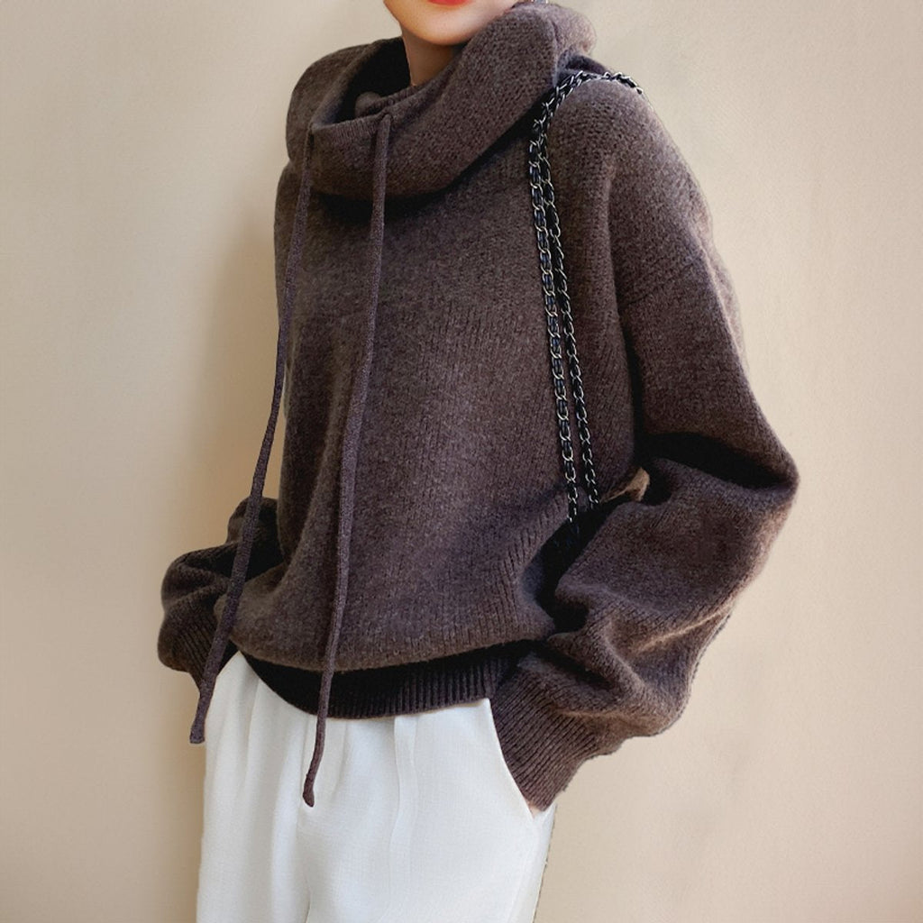Women's Drawstring Hood Roomy Merino Turtleneck Sweater