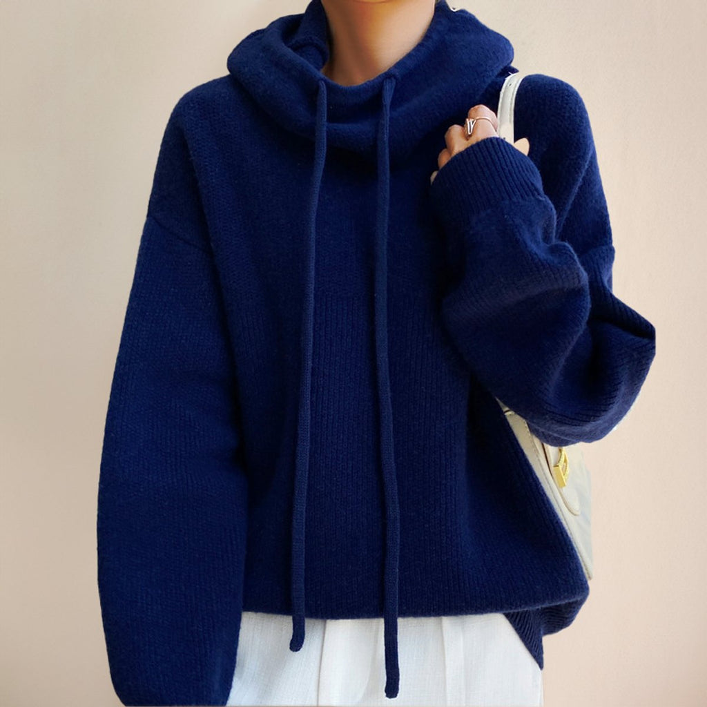 Women's Drawstring Hood Roomy Merino Turtleneck Sweater