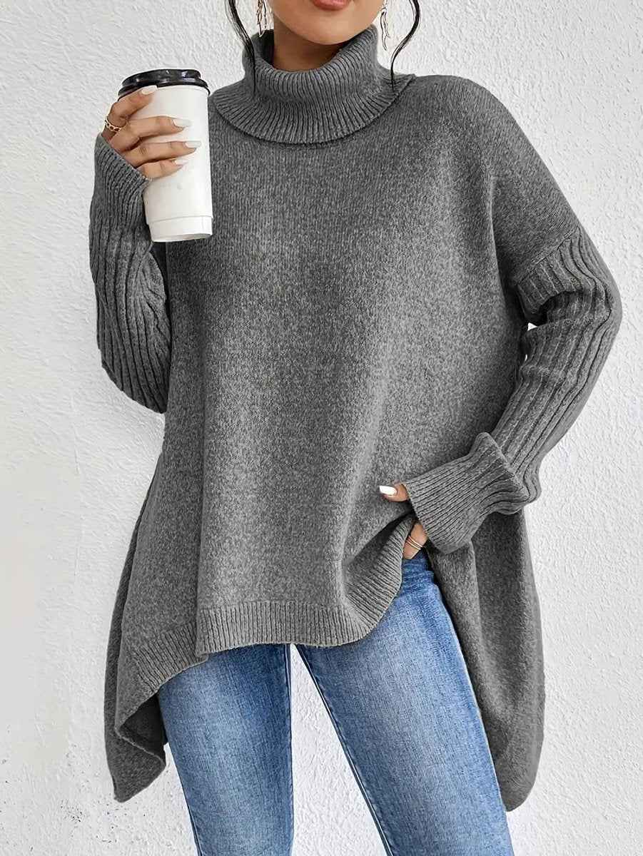 Women's Roomy Turtleneck Sweater with Uneven Hem
