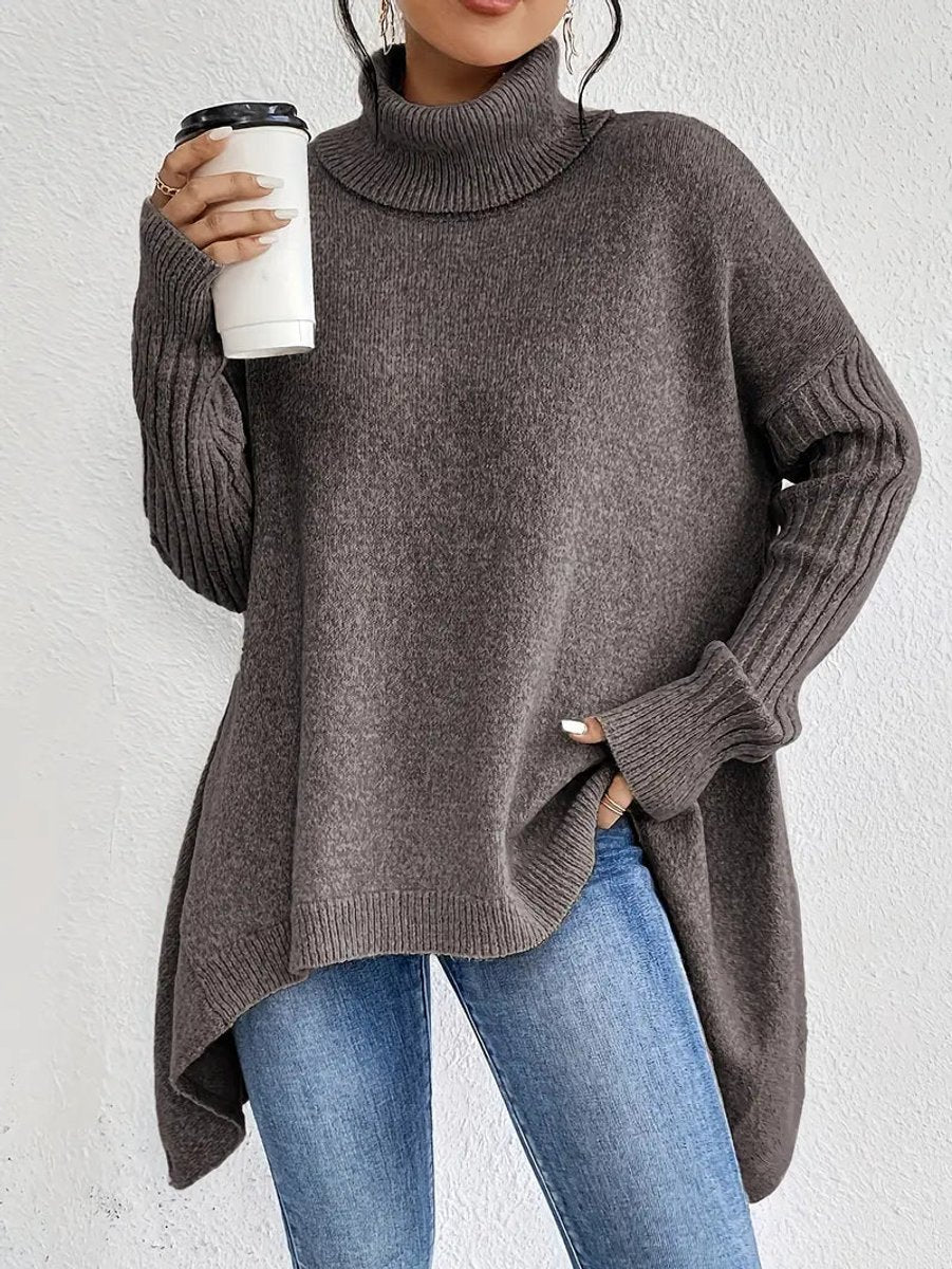 Women's Roomy Turtleneck Sweater with Uneven Hem