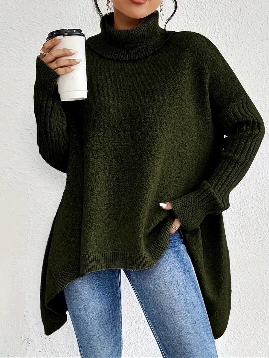 Women's Roomy Turtleneck Sweater with Uneven Hem
