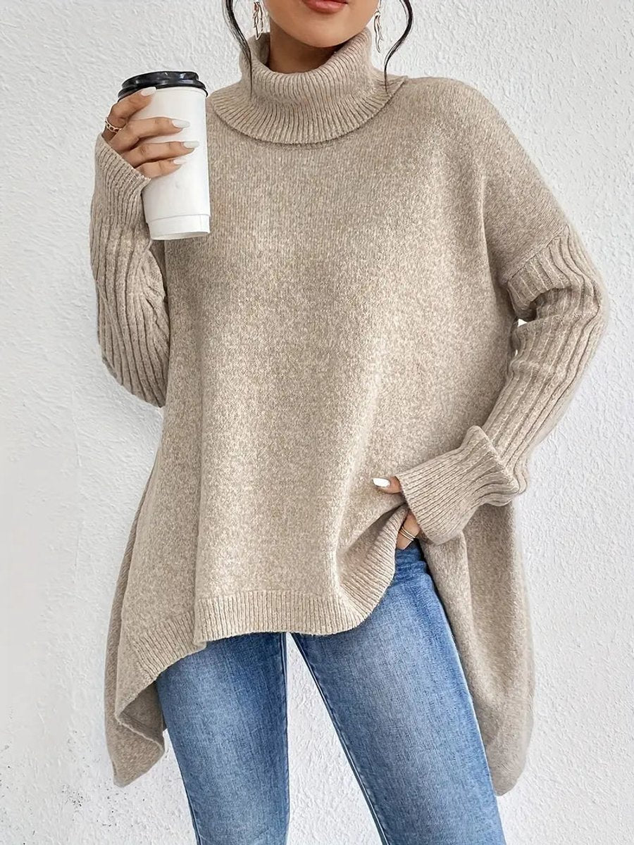 Women's Roomy Turtleneck Sweater with Uneven Hem
