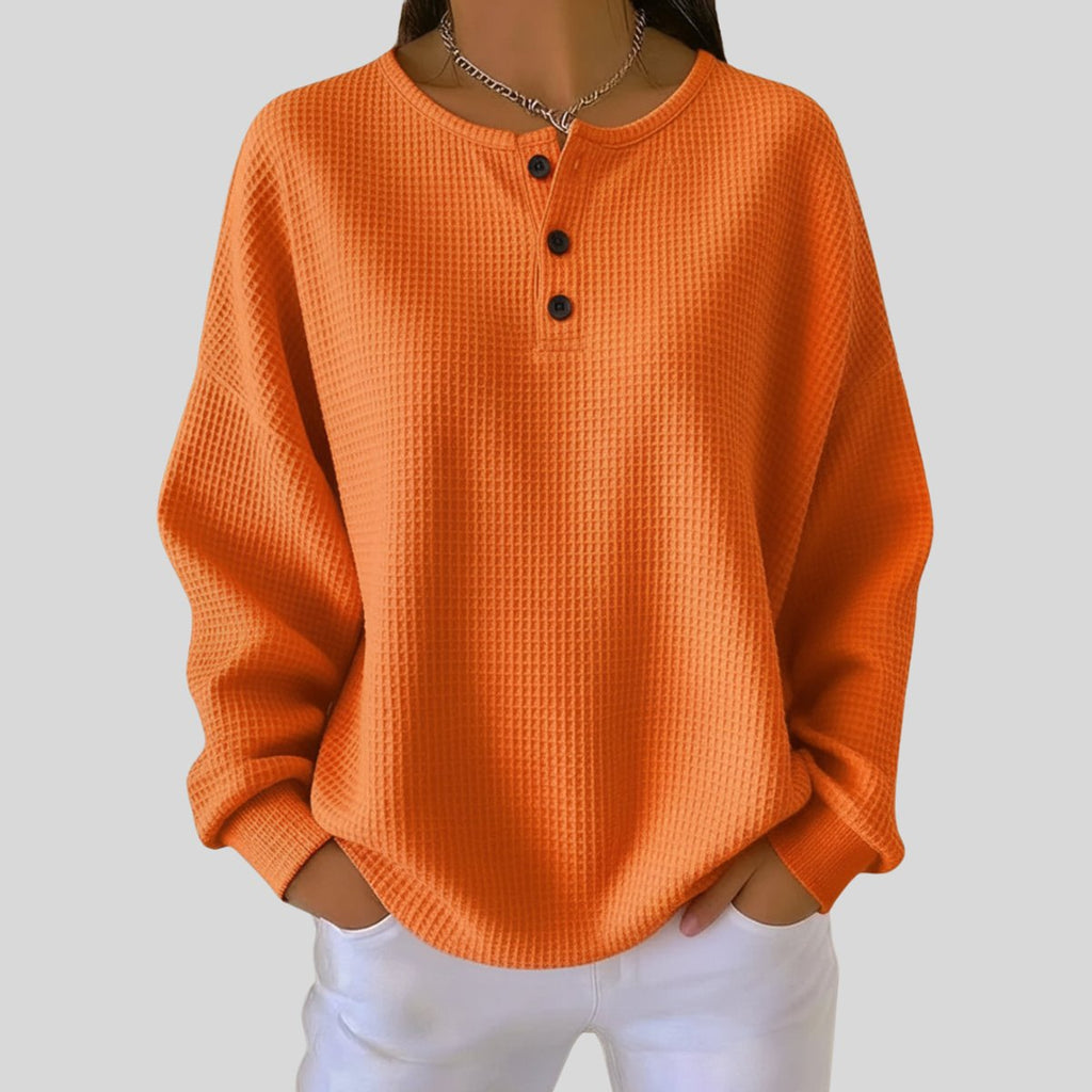 Women's Textured Button-Placket Sweater with Waffle Weave