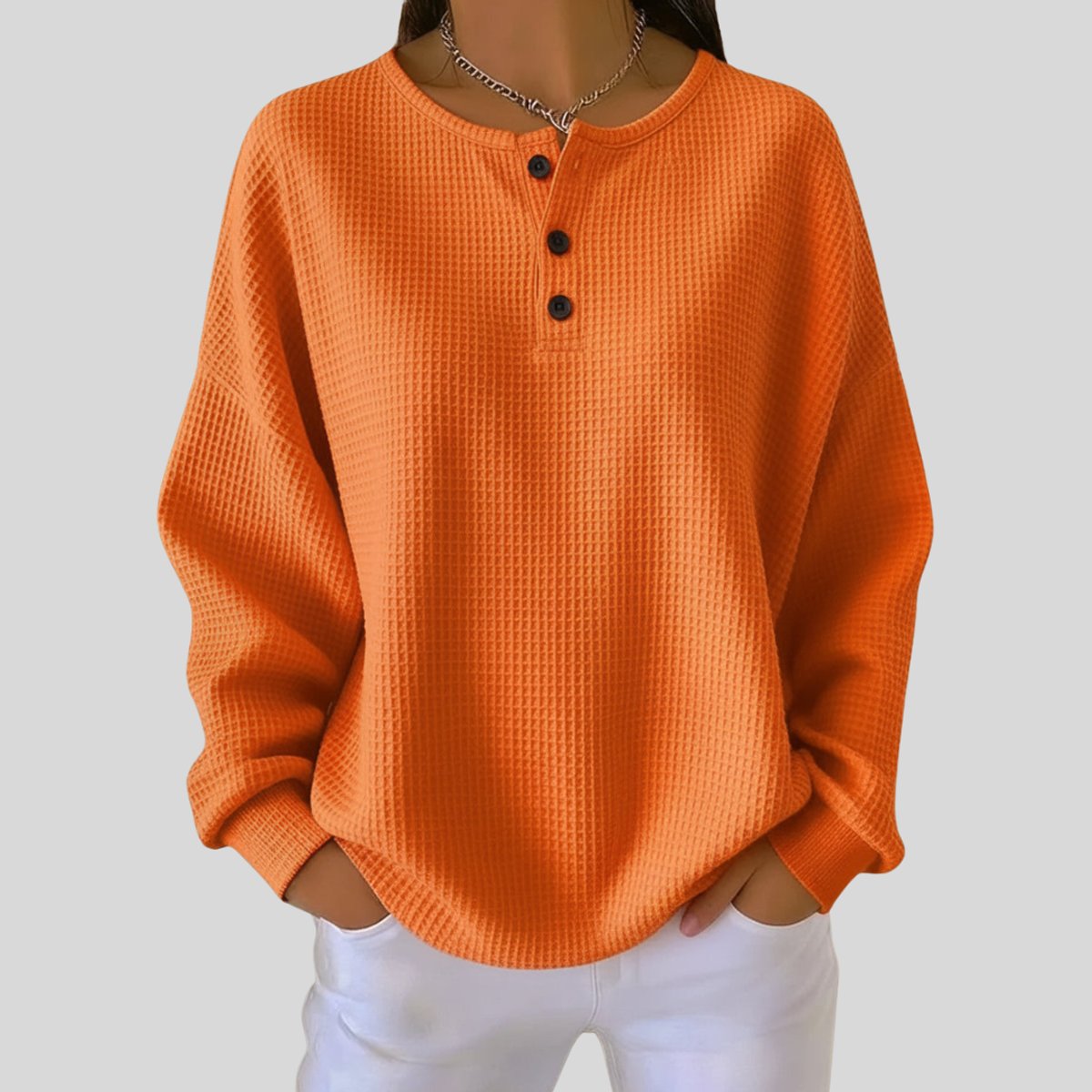 Women's Textured Button-Placket Sweater with Waffle Weave