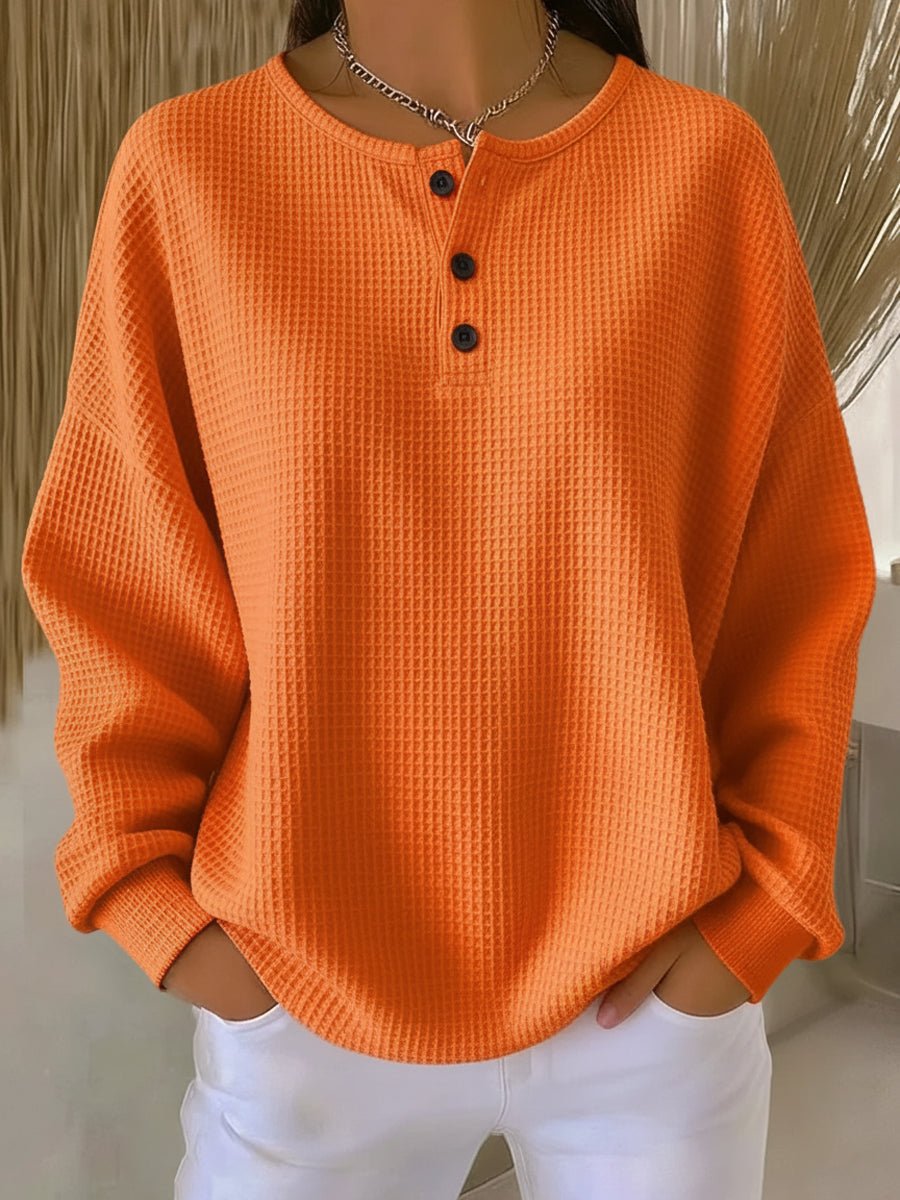 Women's Textured Button-Placket Sweater with Waffle Weave