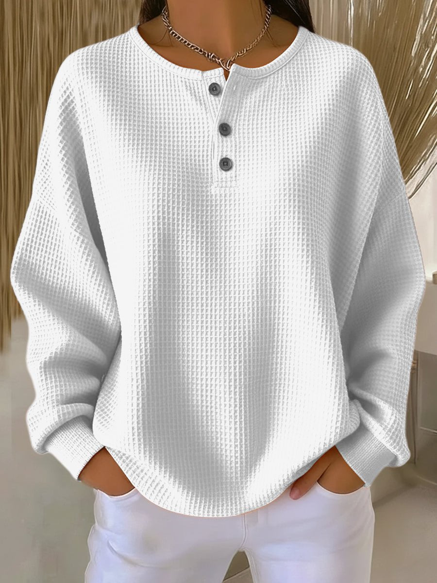 Women's Textured Button-Placket Sweater with Waffle Weave