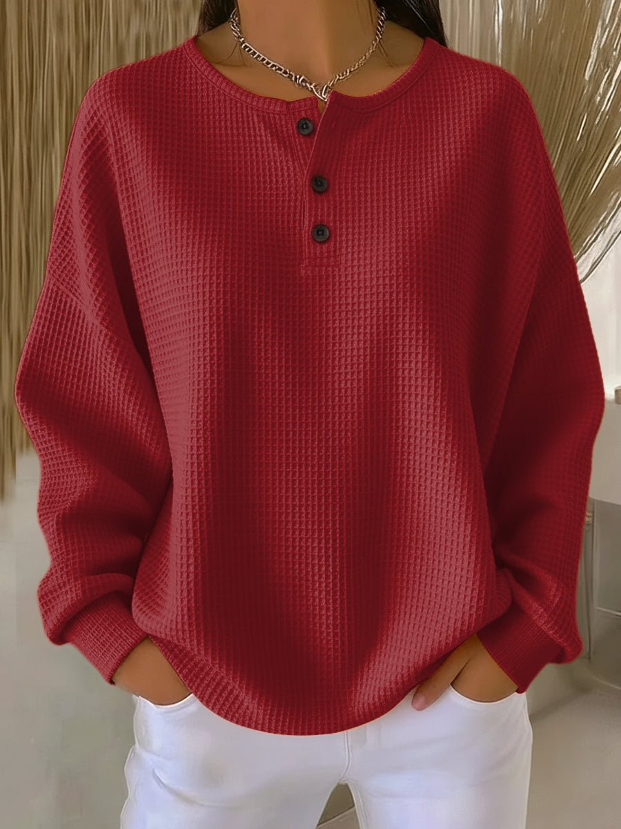 Women's Textured Button-Placket Sweater with Waffle Weave