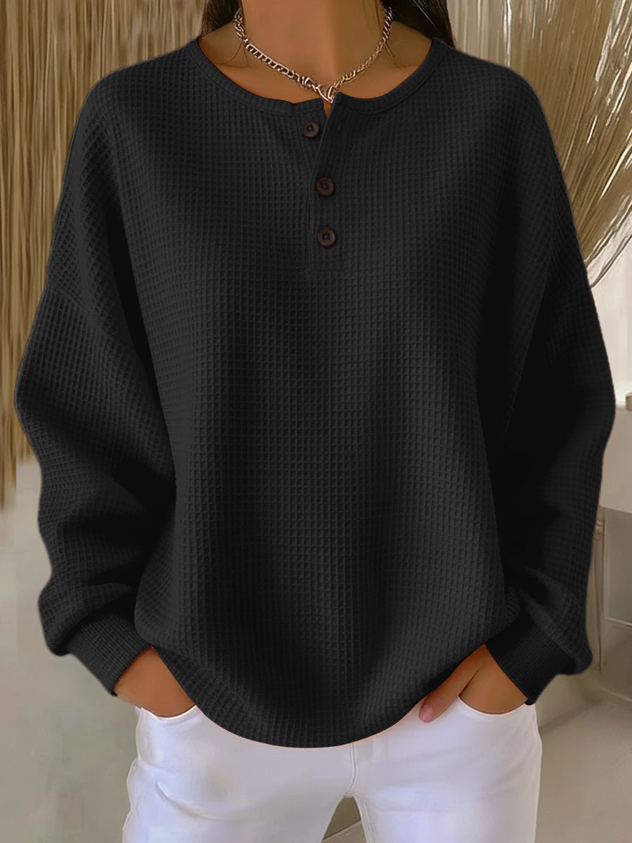 Women's Textured Button-Placket Sweater with Waffle Weave