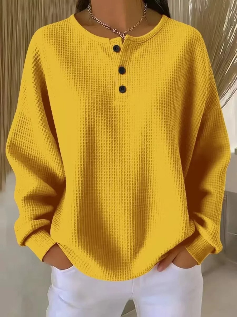 Women's Textured Button-Placket Sweater with Waffle Weave