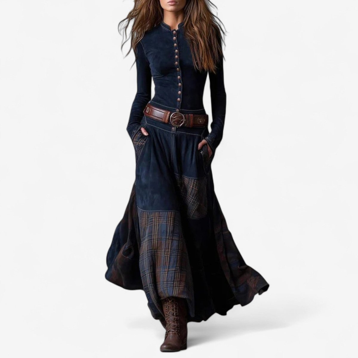 Women's Button Front Patchwork Plaid Long Dress