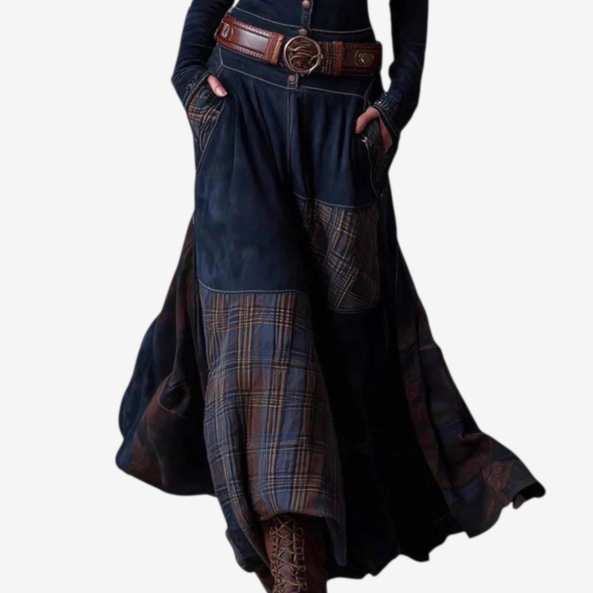 Women's Button Front Patchwork Plaid Long Dress