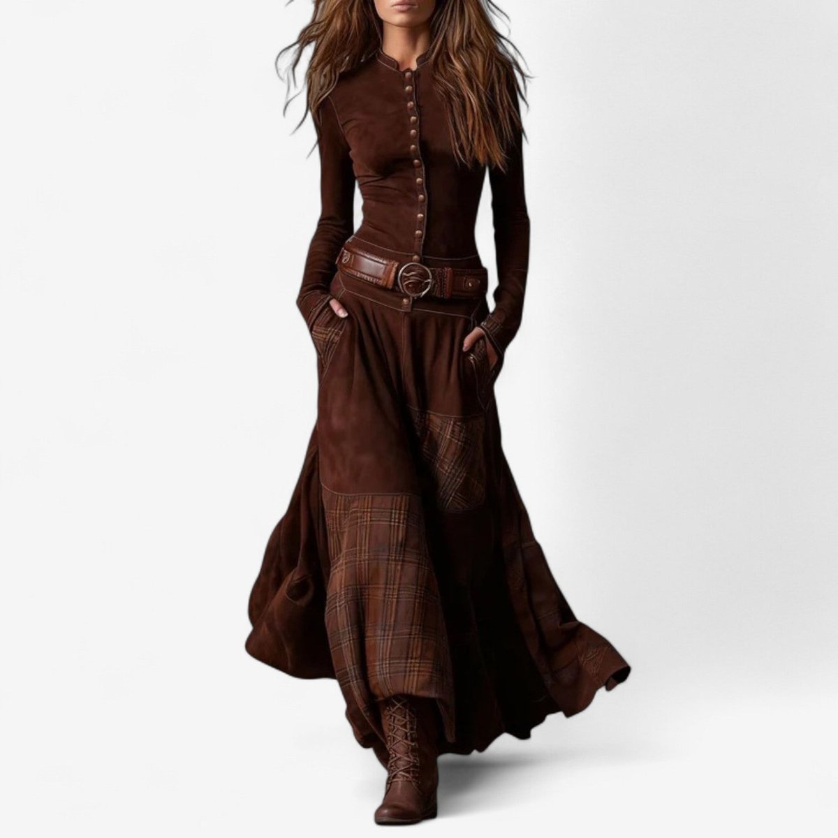 Women's Button Front Patchwork Plaid Long Dress