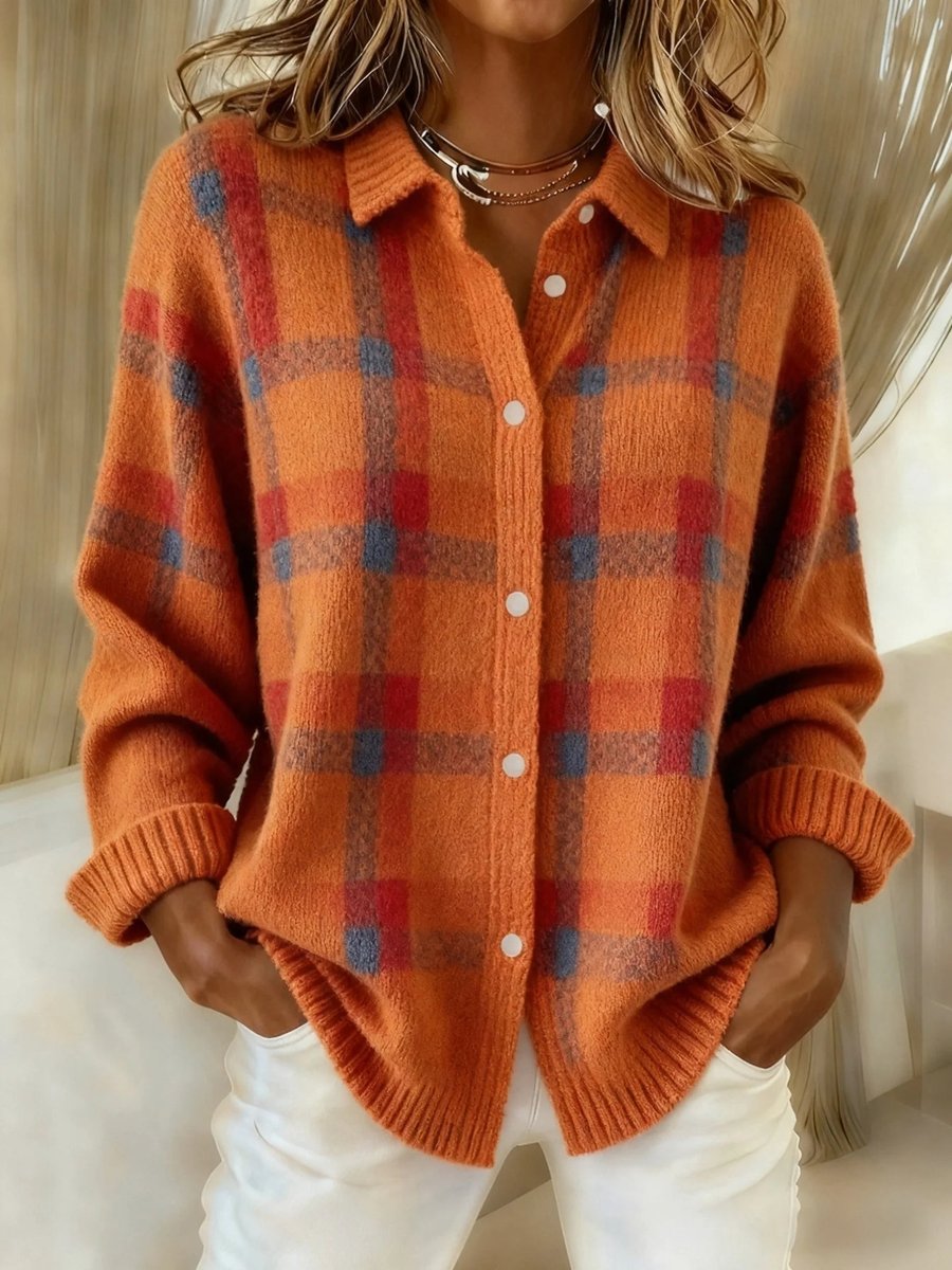 Women's Cozy Checked Button-Up Sweater Coat for Fall