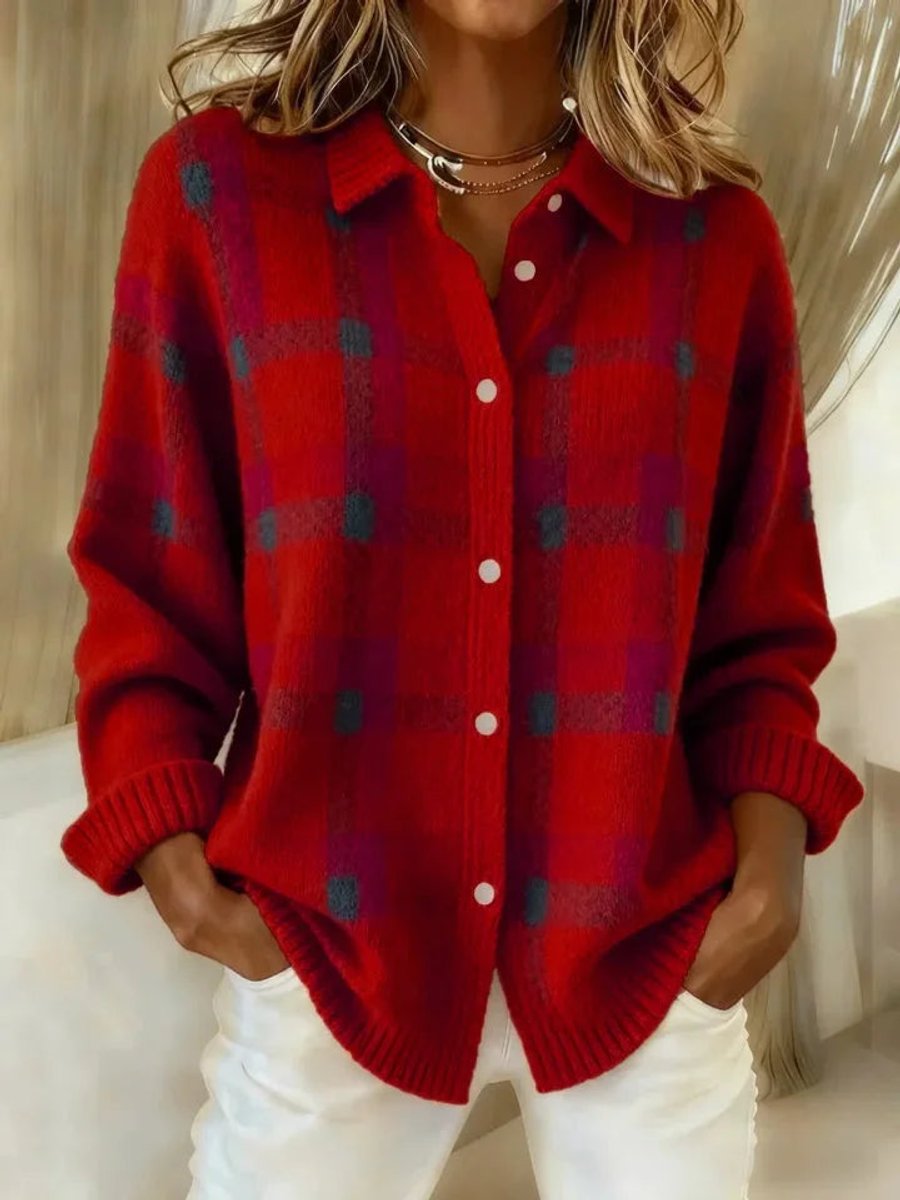 Women's Cozy Checked Button-Up Sweater Coat for Fall