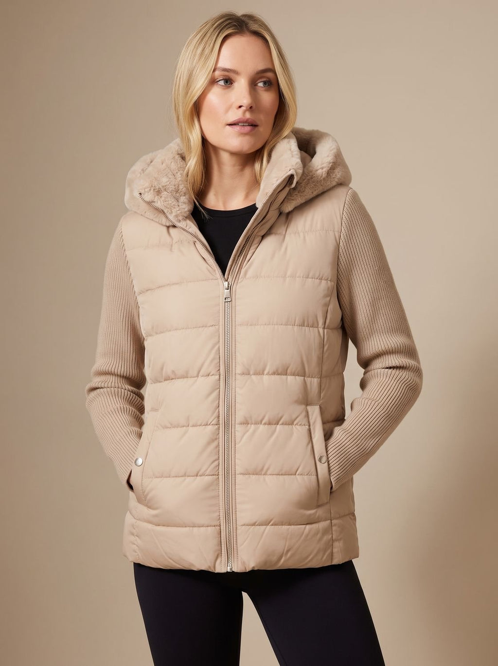 Women's Cropped Quilted Puffer Coat with Fur Hood and Collar