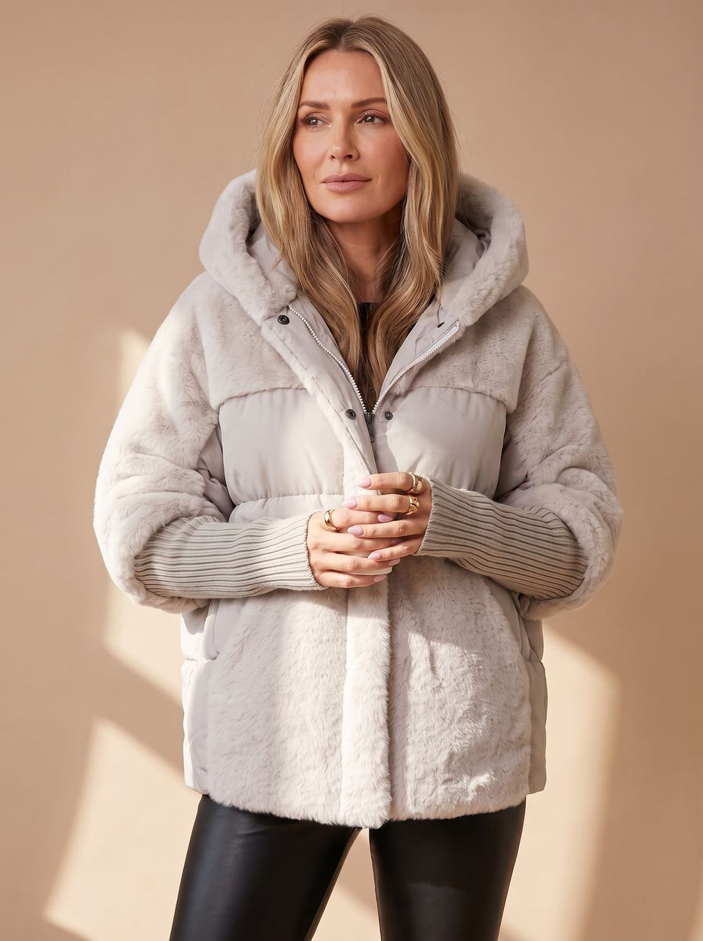 Women's Cropped Quilted Puffer Coat with Fur Hood and Collar