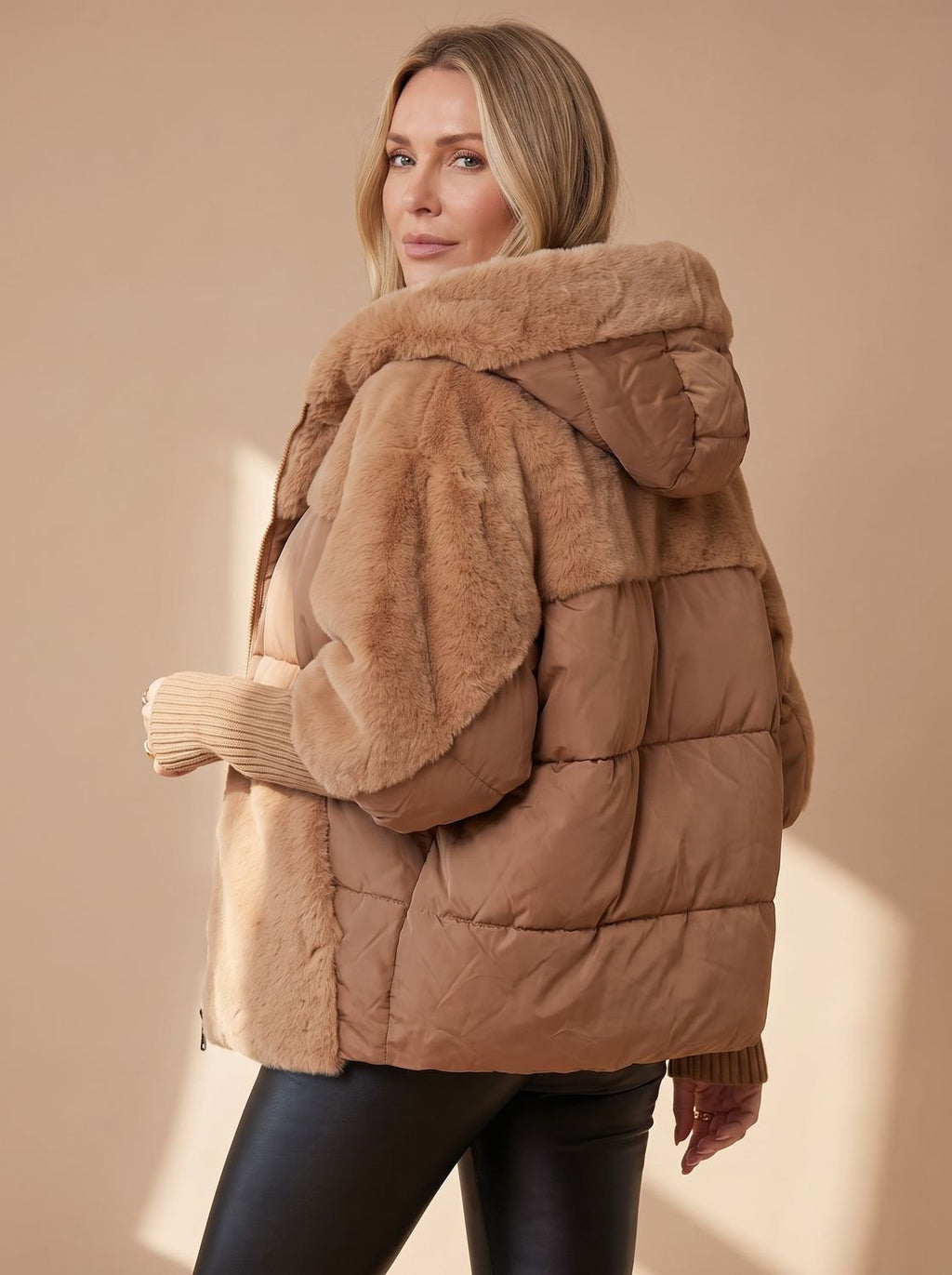 Women's Cropped Quilted Puffer Coat with Fur Hood and Collar