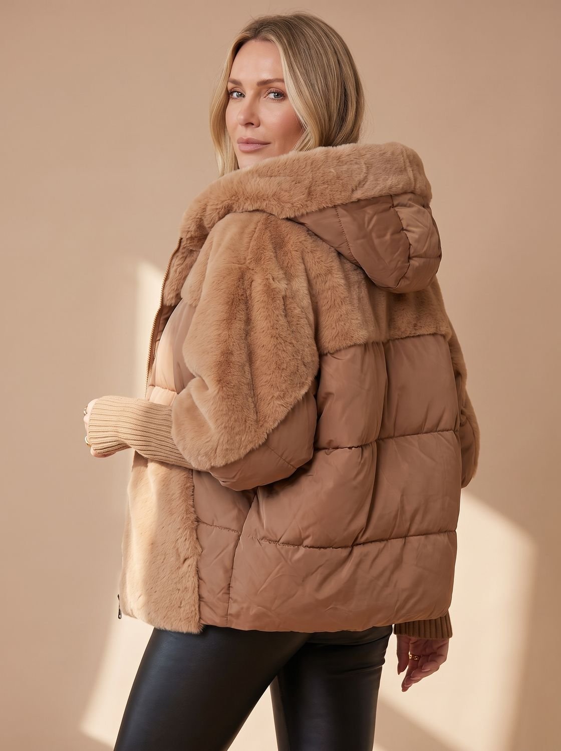 Women's Cropped Quilted Puffer Coat with Fur Hood and Collar