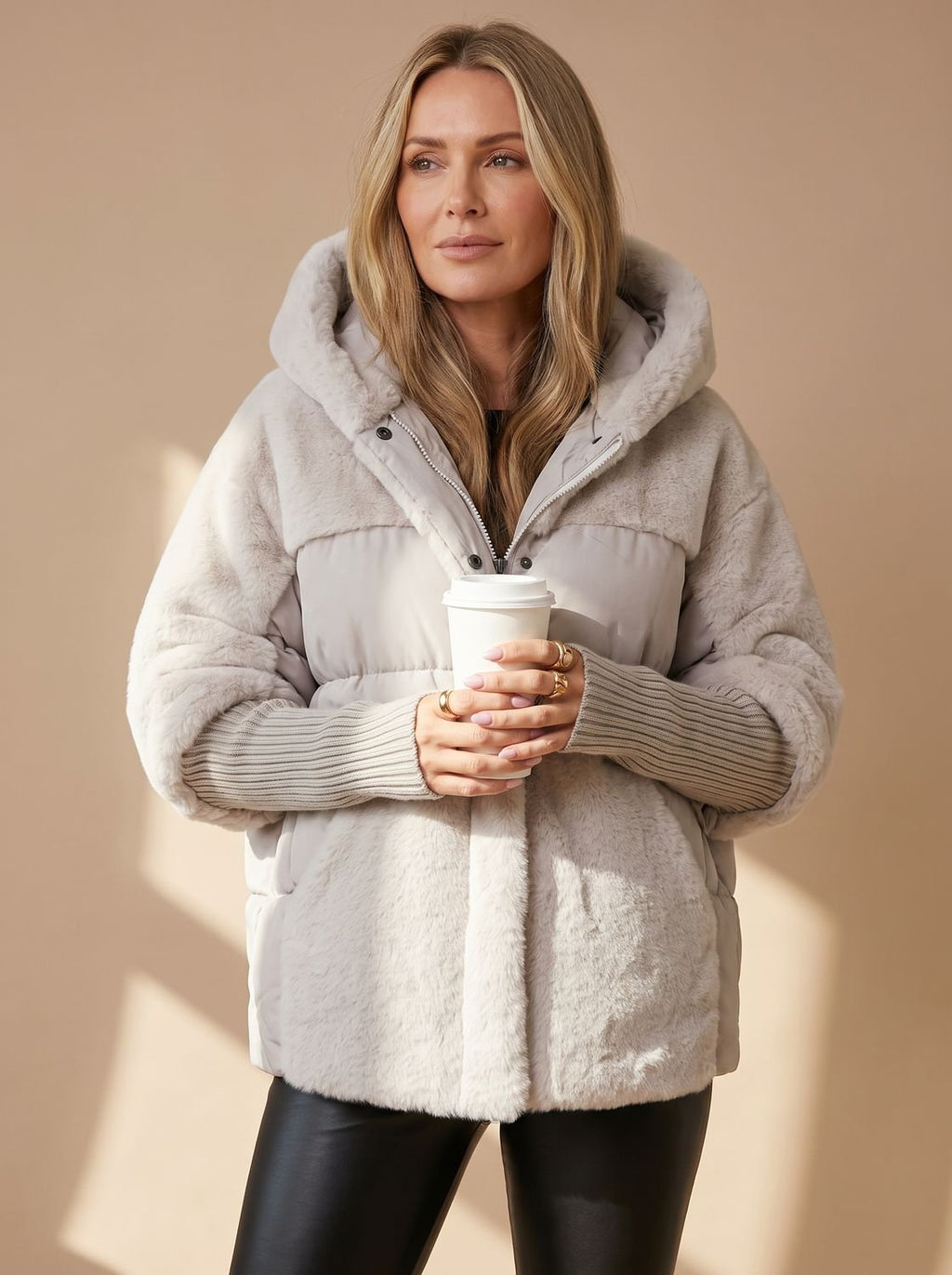 Women's Cropped Quilted Puffer Coat with Fur Hood and Collar