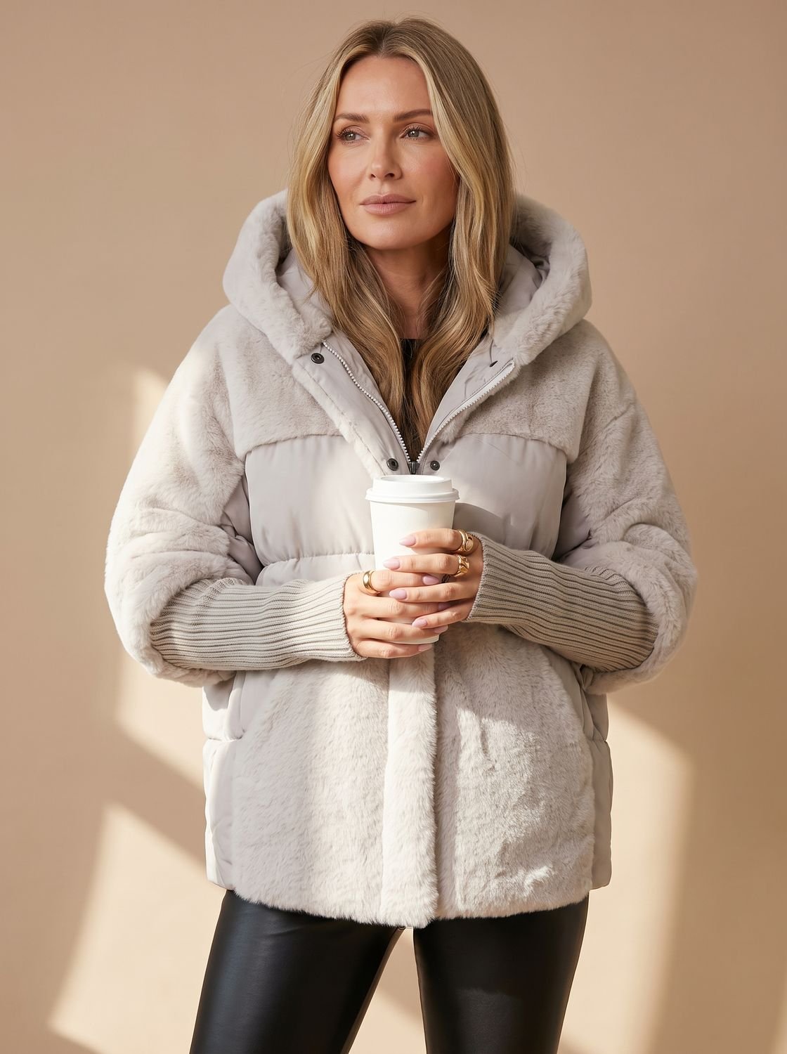 Women's Cropped Quilted Puffer Coat with Fur Hood and Collar