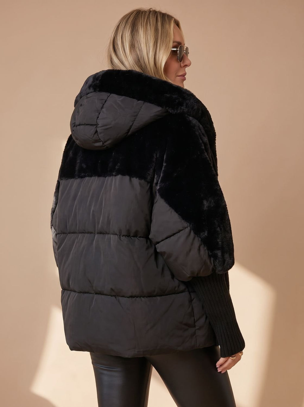 Women's Cropped Quilted Puffer Coat with Fur Hood and Collar
