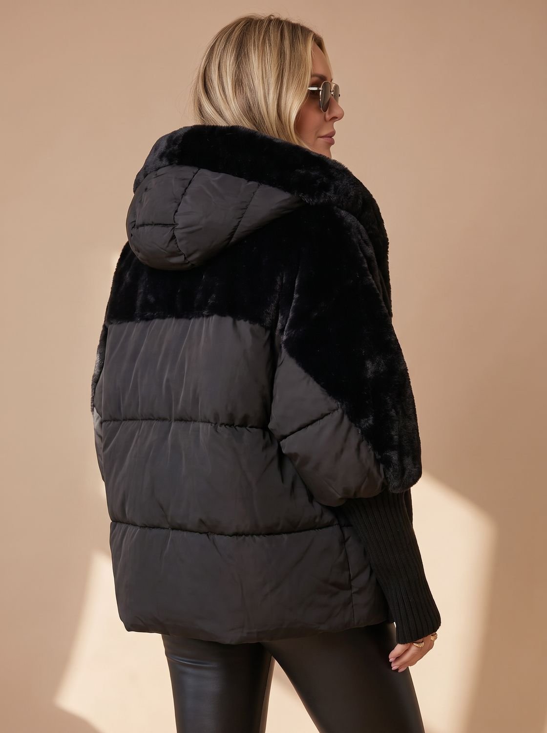 Women's Cropped Quilted Puffer Coat with Fur Hood and Collar