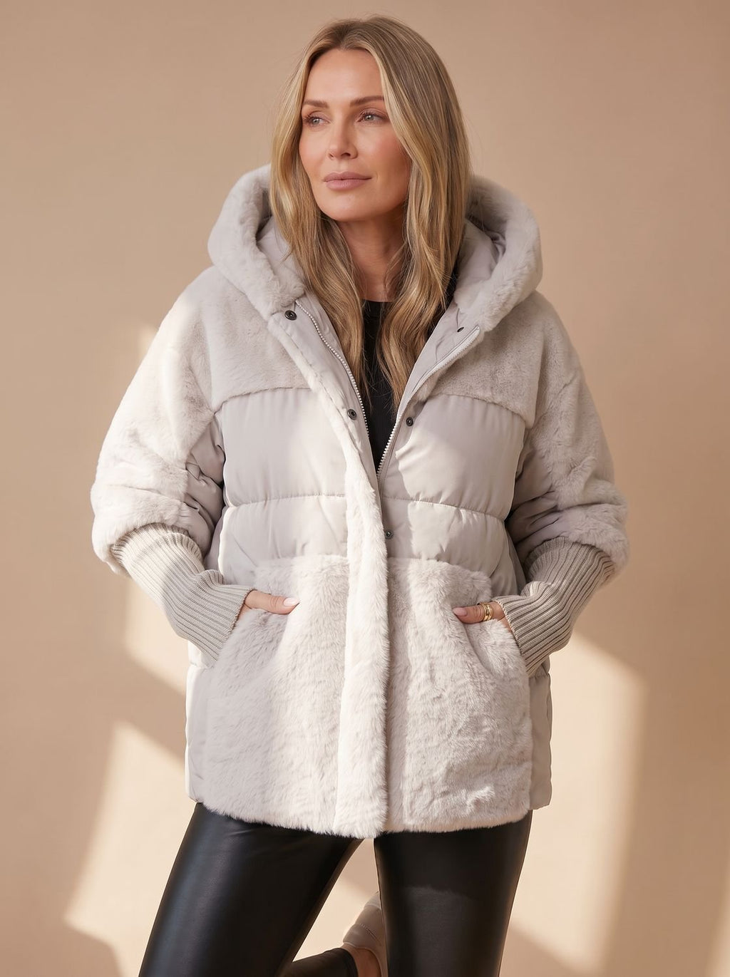 Women's Cropped Quilted Puffer Coat with Fur Hood and Collar